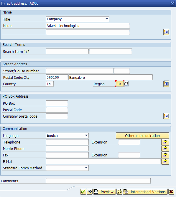 Define Company code Address details