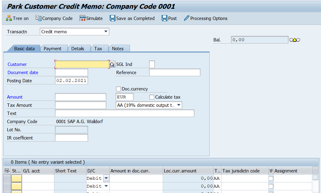 Estacionar nota de crédito de cliente en SAP