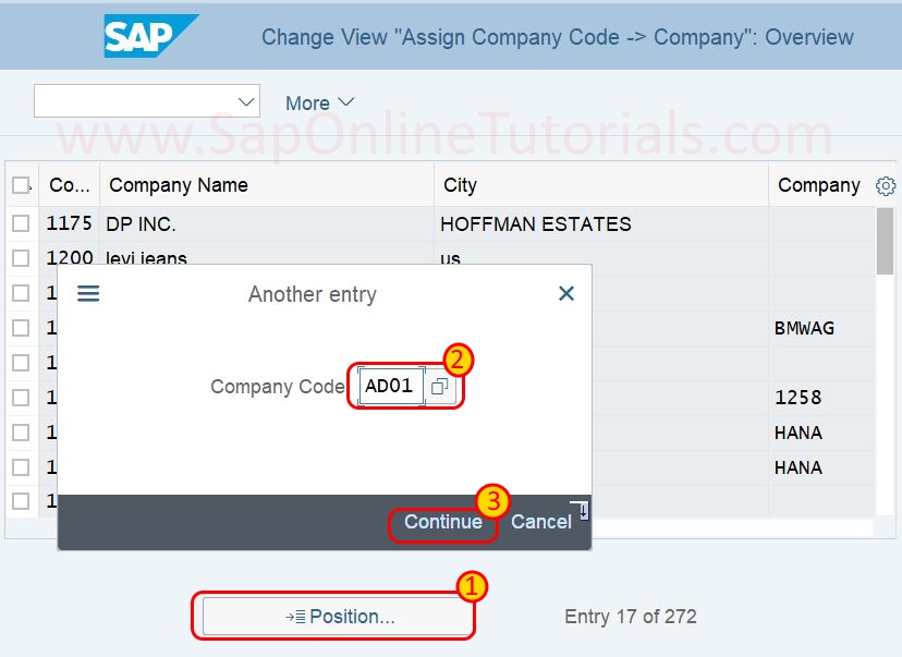 Assign company code to company - position button