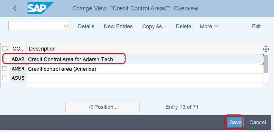 credit control area description in SAP S4Hana