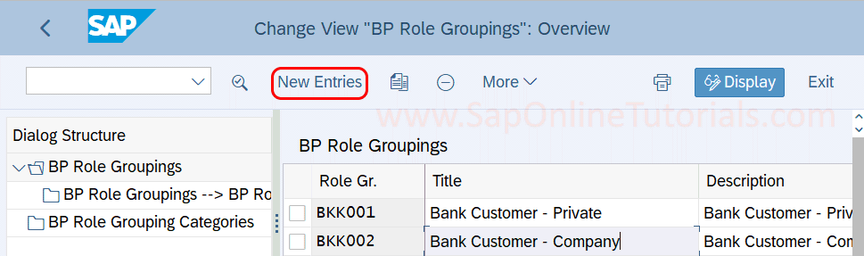 BP role groupings new entries in SAP Hana