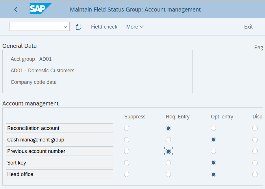 Grupo de estado de campo: gestión de cuentas en SAP Hana