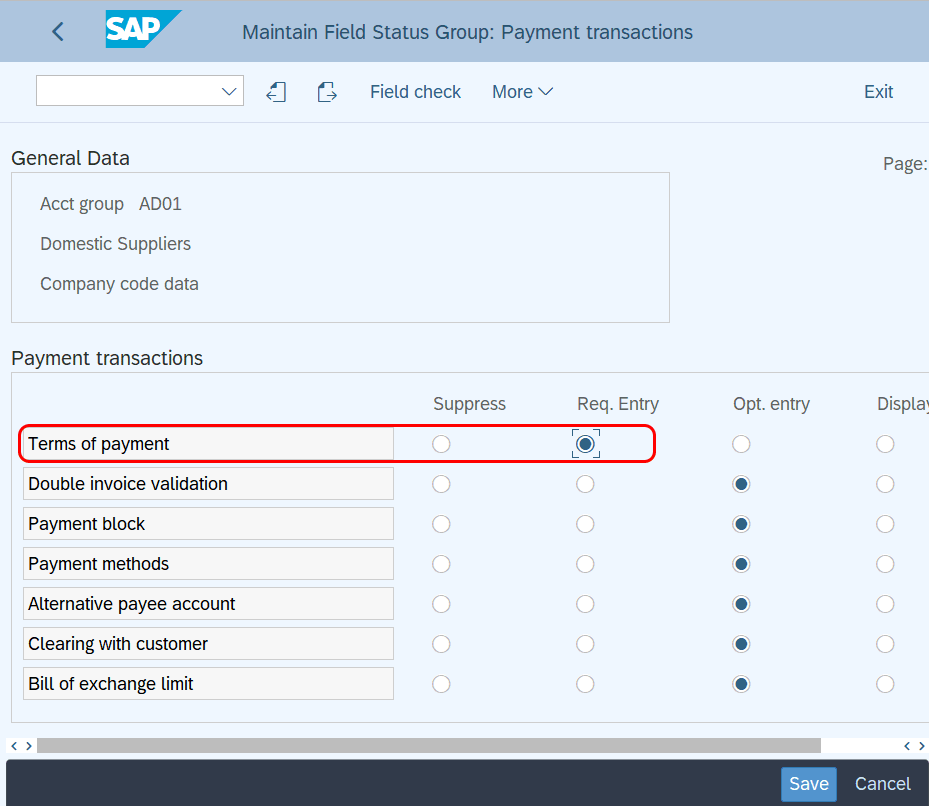 Payment transacations - account group in SAP hana