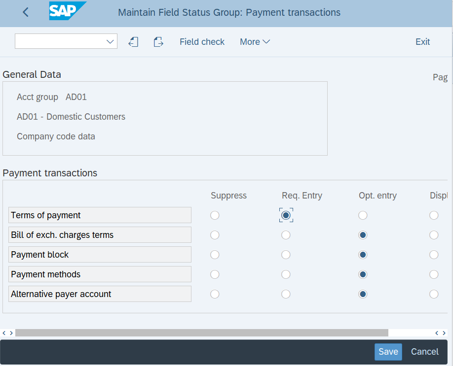Condiciones de pago para el grupo de cuentas de clientes en SAP Hana