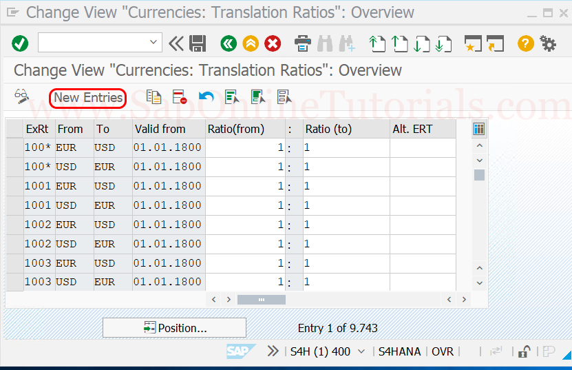 Translation Ratios for Currency Translation new entries in SAp S4Hana