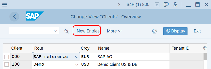 New Entries to create new client in SAP Hana