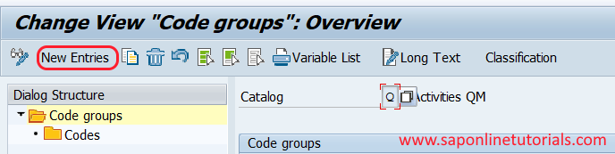 Code groups new entries in sap hana qm