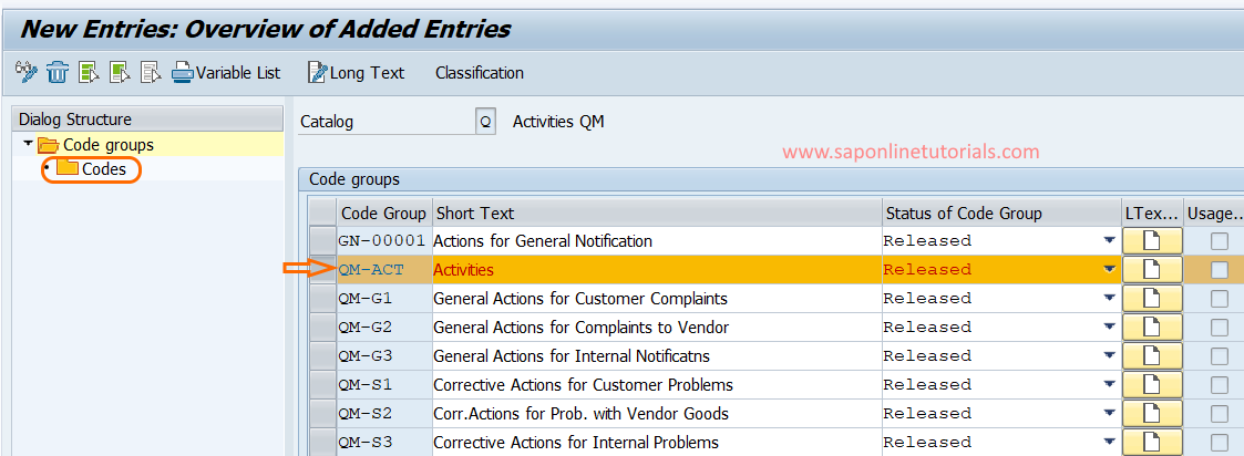 Define code for code groups in SAP QM