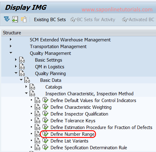 Define number ranges for inspection characteristics in SAP QM - IMG Menu path