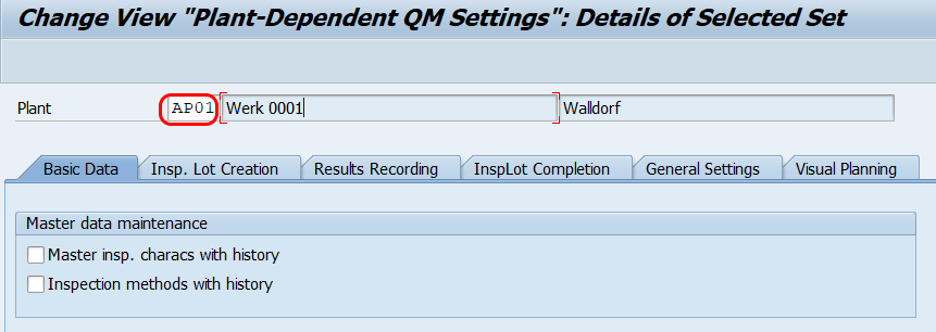 Plant -dependent QM Settings details of selected set