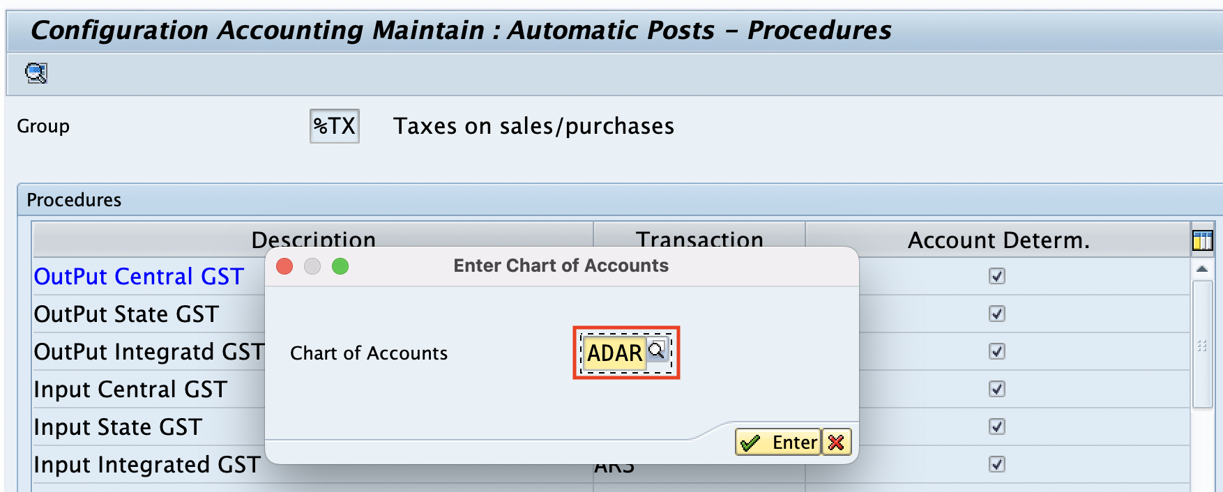 Chart of Account for GST account determination in SAP HANA